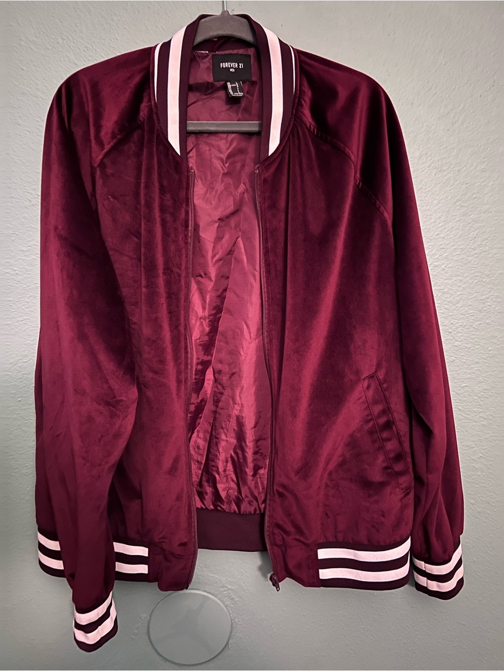 Forever 21 Burgundy Bomber Jacket with Stripe Trim